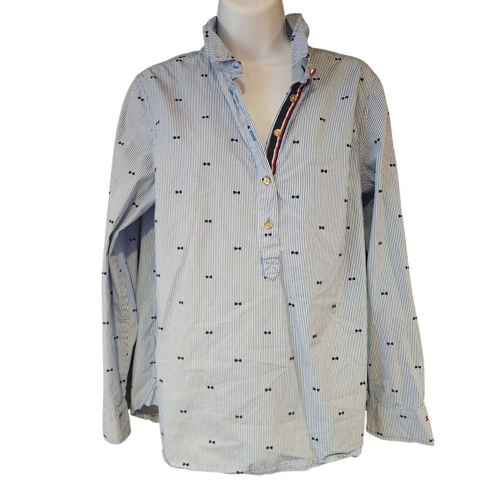 Tommy Hilfiger‎ Blue And White Thin Striped Blouse With Velvet Bowties Size Med